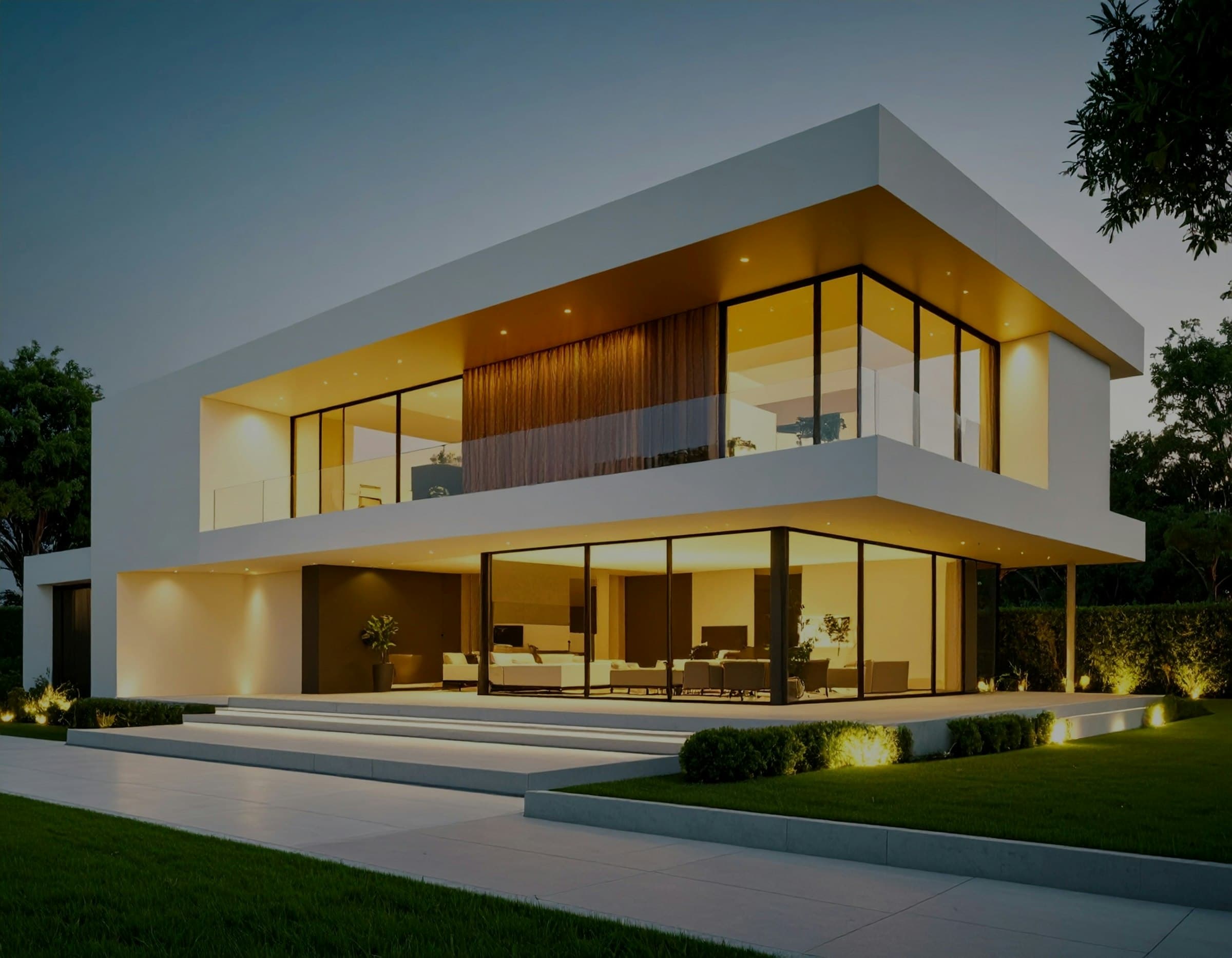 Villa de luxe illuminée au crépuscule, illustrant une analyse MTiMo